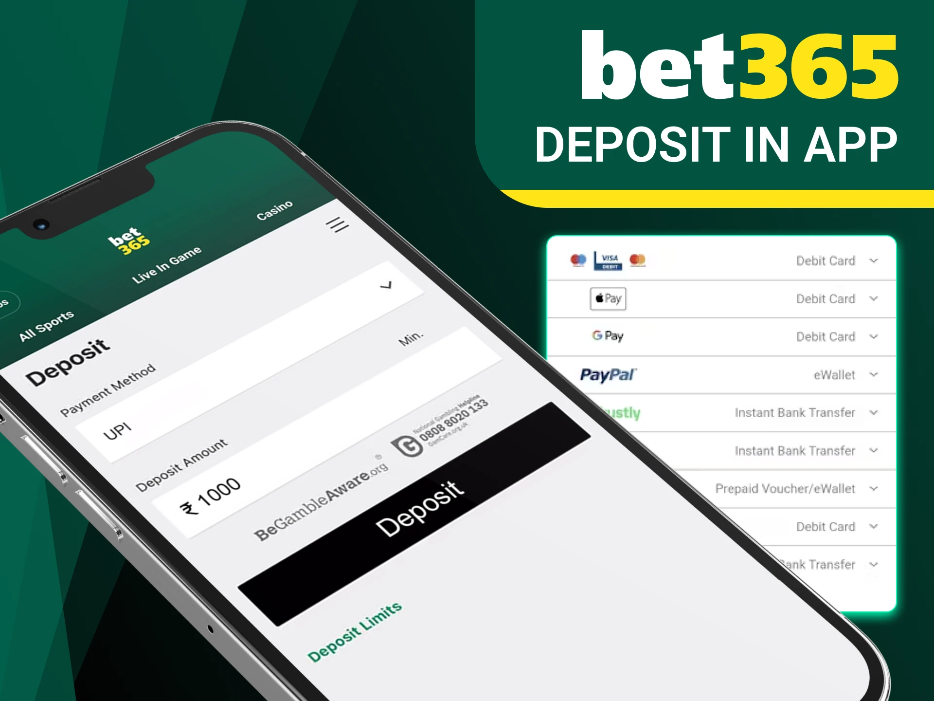 Use the Bet365 deposit app anywhere.