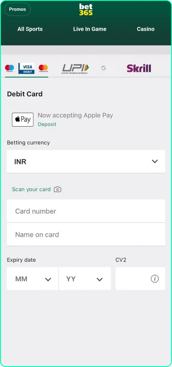 Determine a favourable and convenient method for depositing in Bet365.