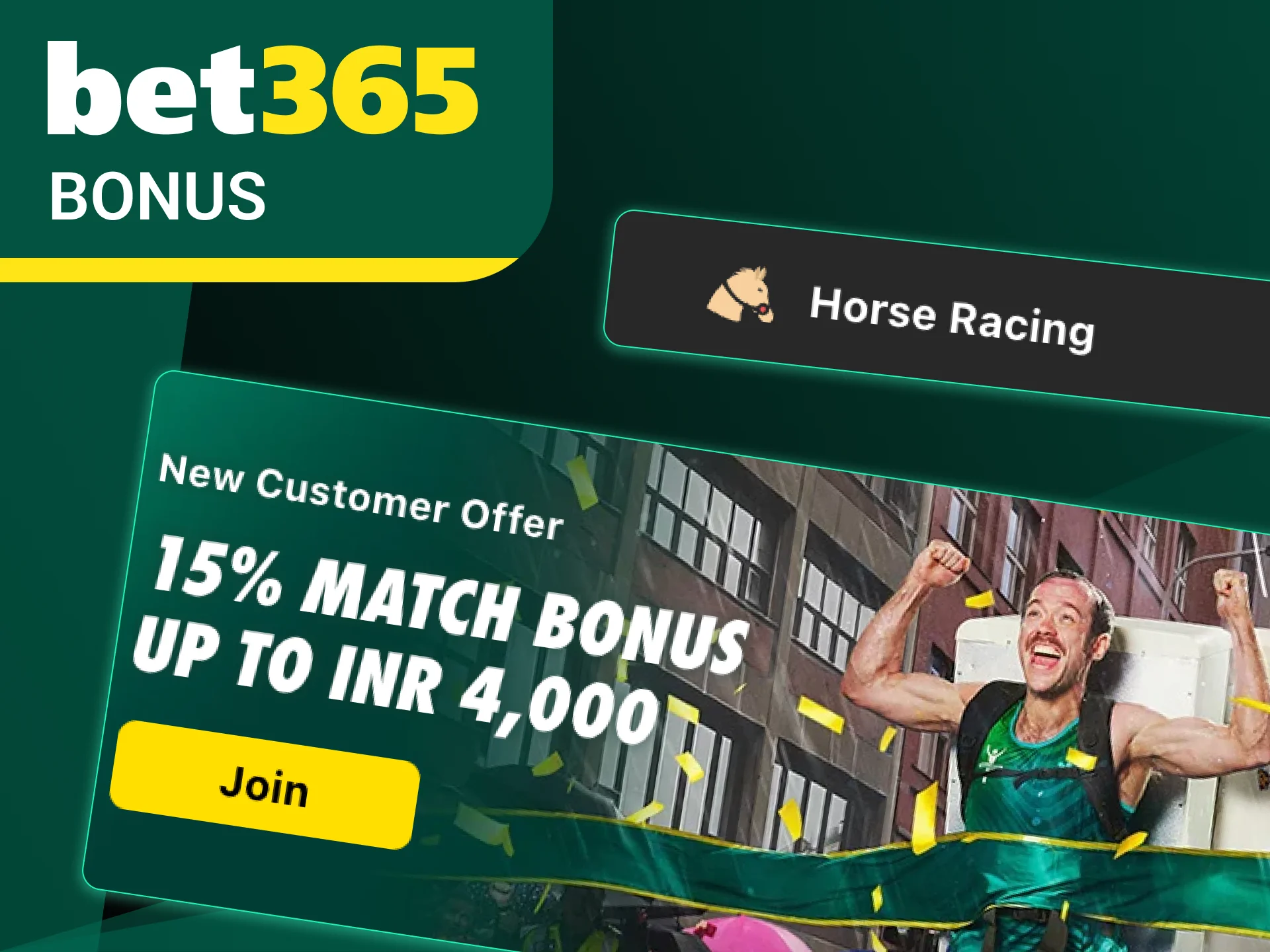 Start horse racing betting at Bet365 with extra money from your welcome bonus.