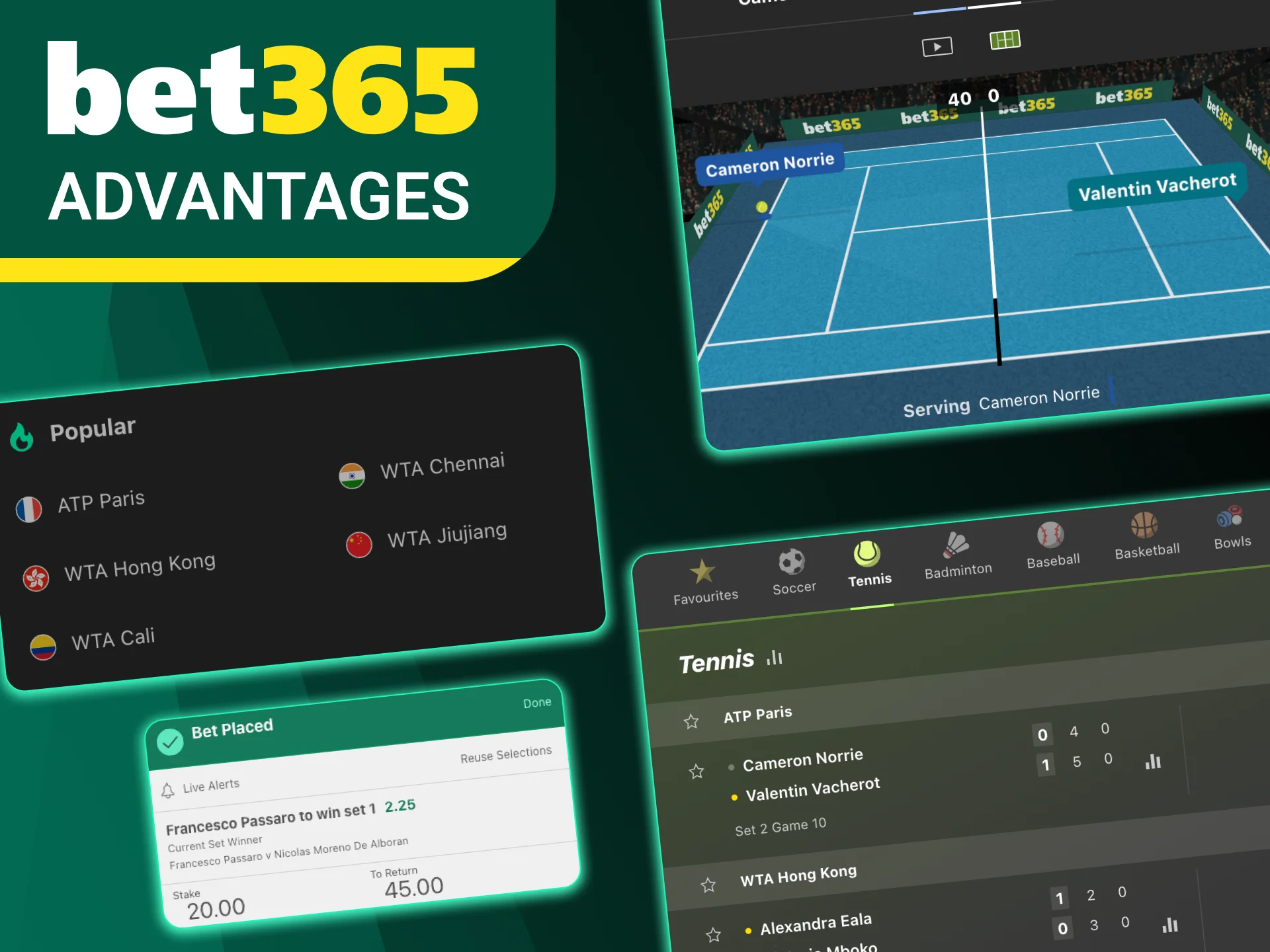Enjoy top tennis betting features and live streaming at Bet365.