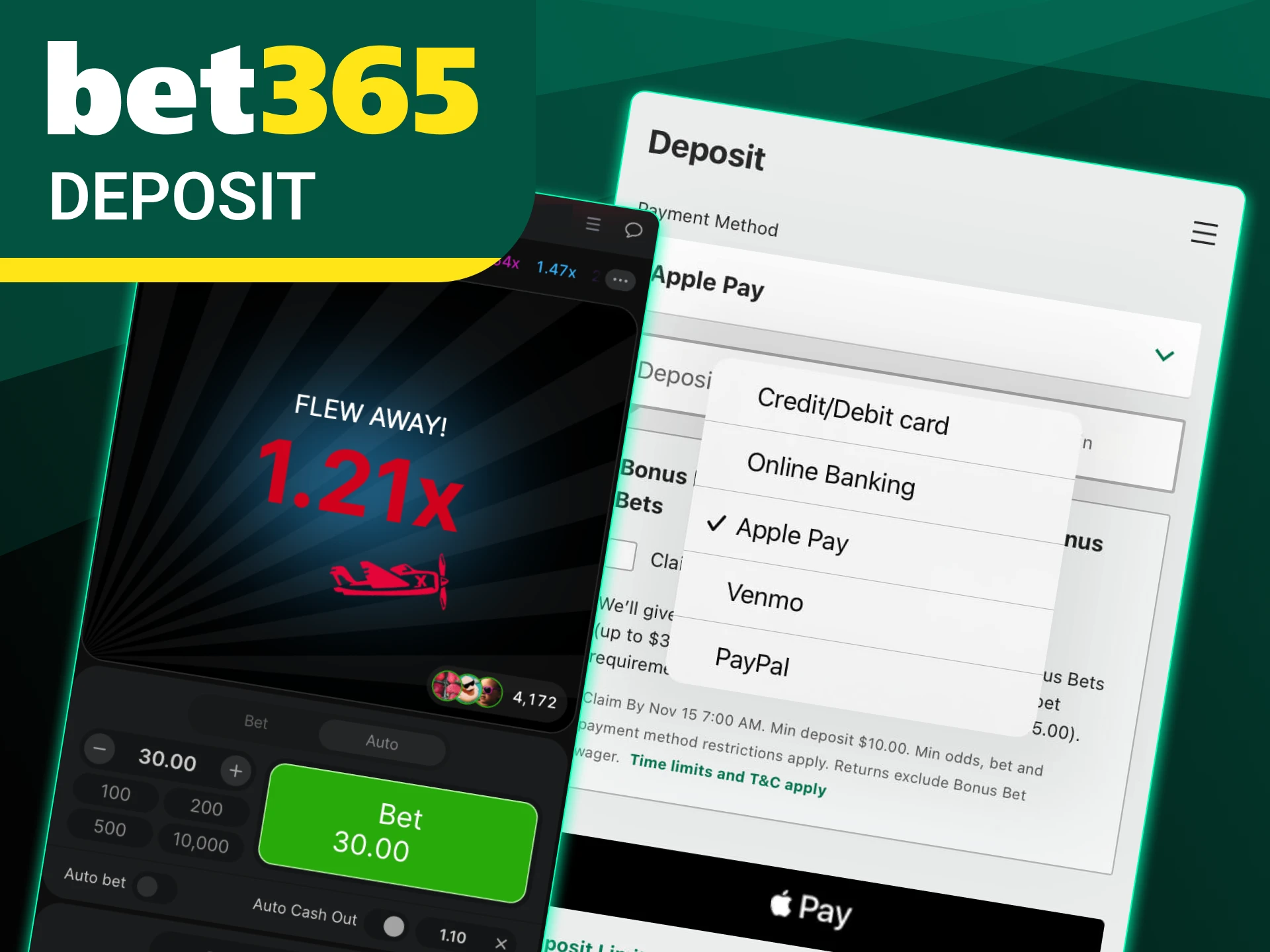 Make a deposit at Bet365 online casino in a couple of clicks and gain access to the Aviator game.