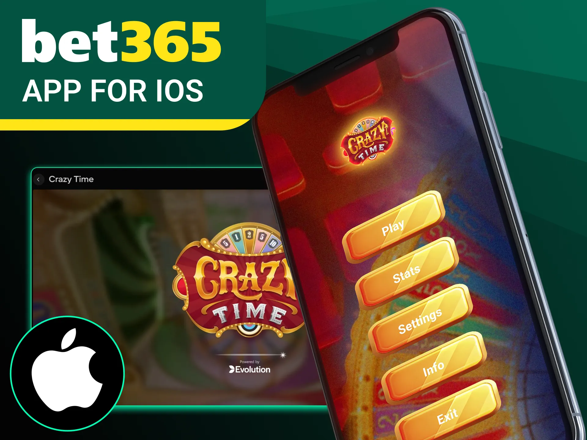 Play and win in the Crazy Time game in the Bet365 online casino app for iOS.